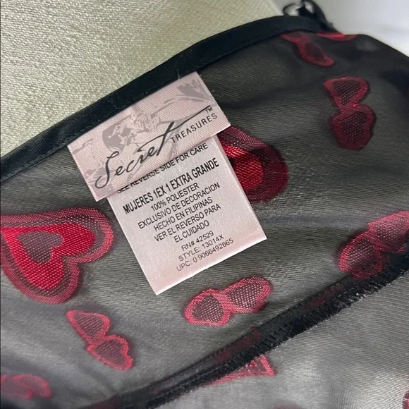 Secret Treasures sheer black with red hearts flowy lingerie top lace up side 1X - Picture 6 of 11